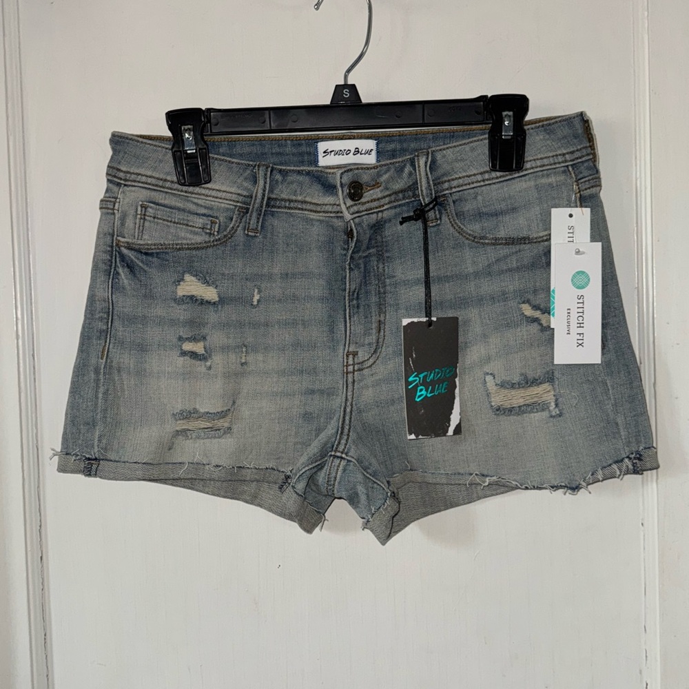Blue Distressed Jean Shorts with Frayed Hem